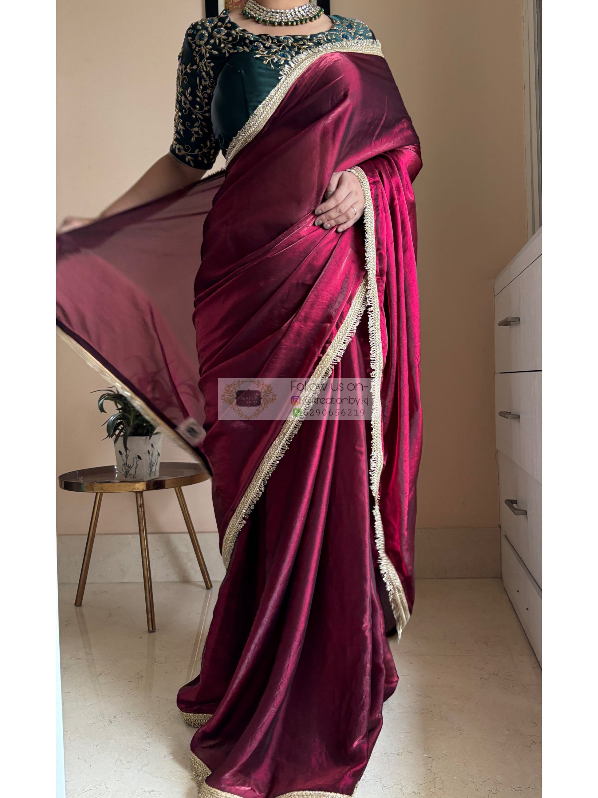 Cheery Wine Metallic Shimmer satin Banno Saree kreationbykj