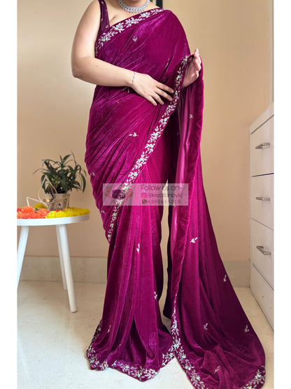 Purple Wine Velvet Chandani Saree with Cutdana Work