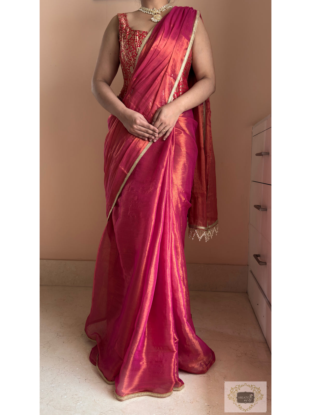 Raspberry Pink Cotton Tissue Saree With Cutdana Tassels on Pallu