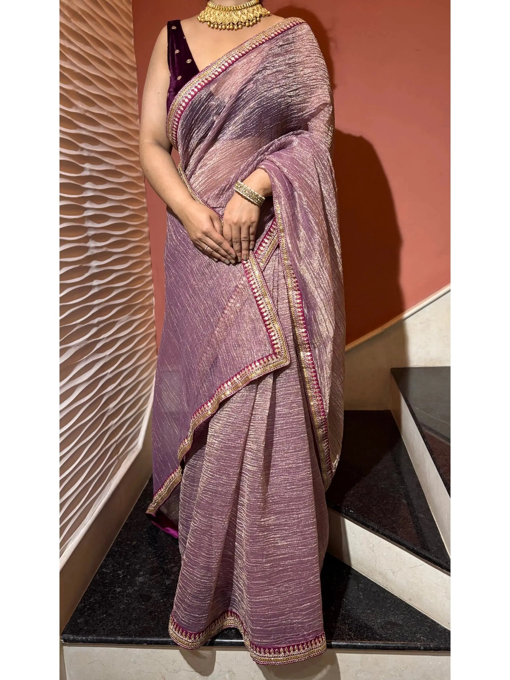 Lavender Crushed Tissue Saree Kreation by KJ