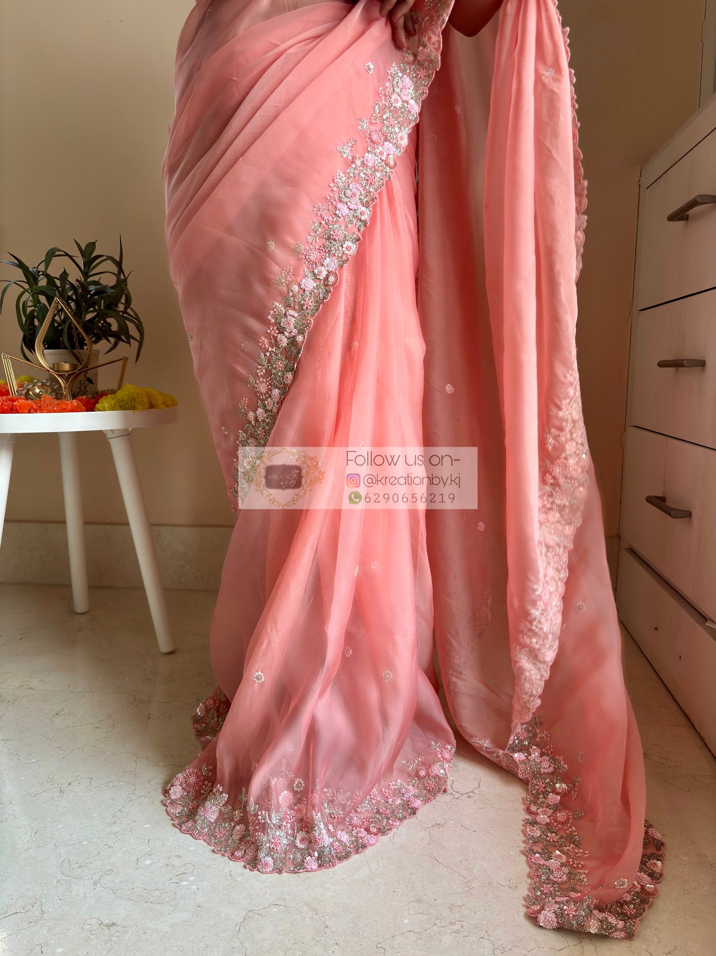 Peach Floral Haze Organza Saree Kreation by KJ