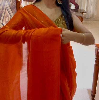 Fanta Orange Metallic Satin Saree
