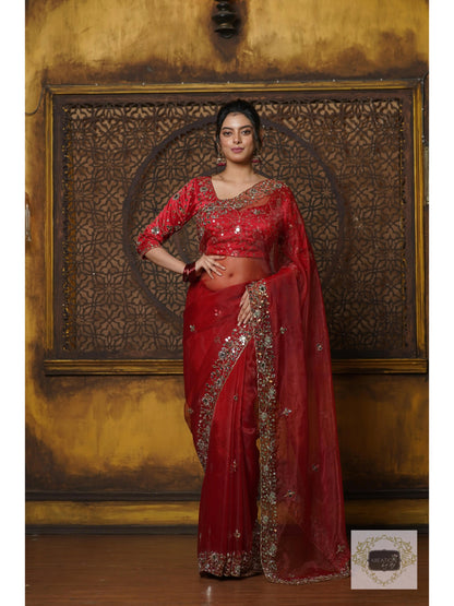Red Glass Tissue Sheesh Mahal Saree