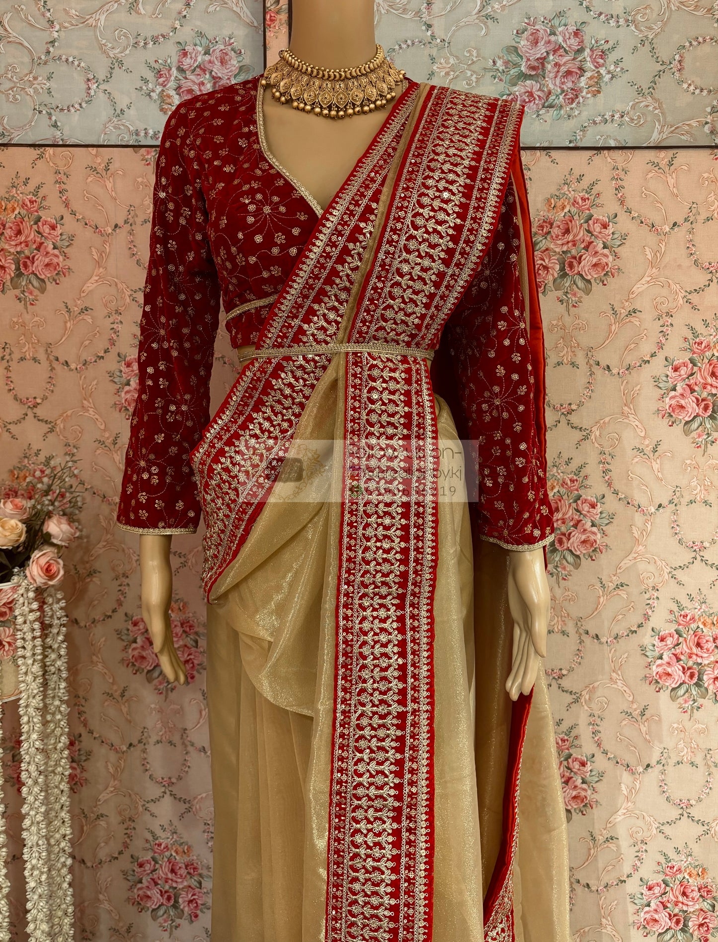 Beige Tissue Net Saree with Red Border