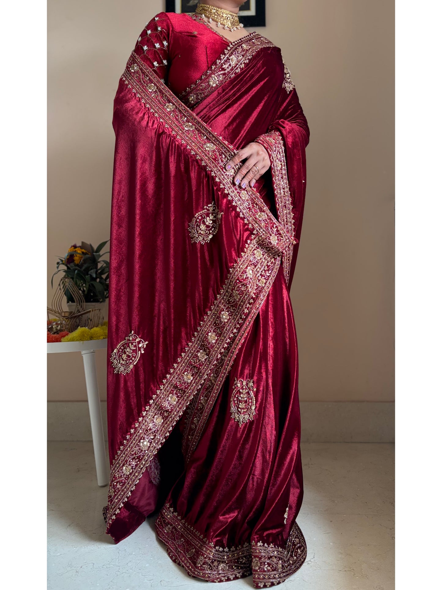Naaz Burgundy Velvet Saree