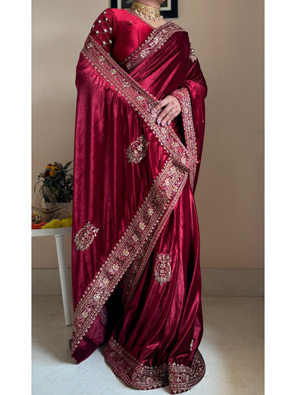 Naaz Burgundy Velvet Saree