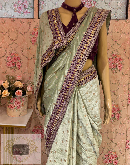 Sage Green Velvet Saree With Border