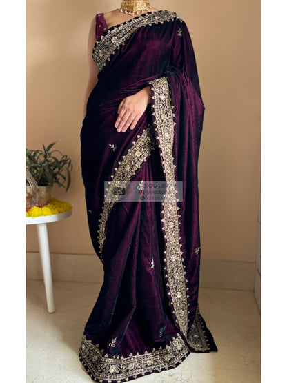 Dark Wine Velvet Zarina Saree Kreation by KJ