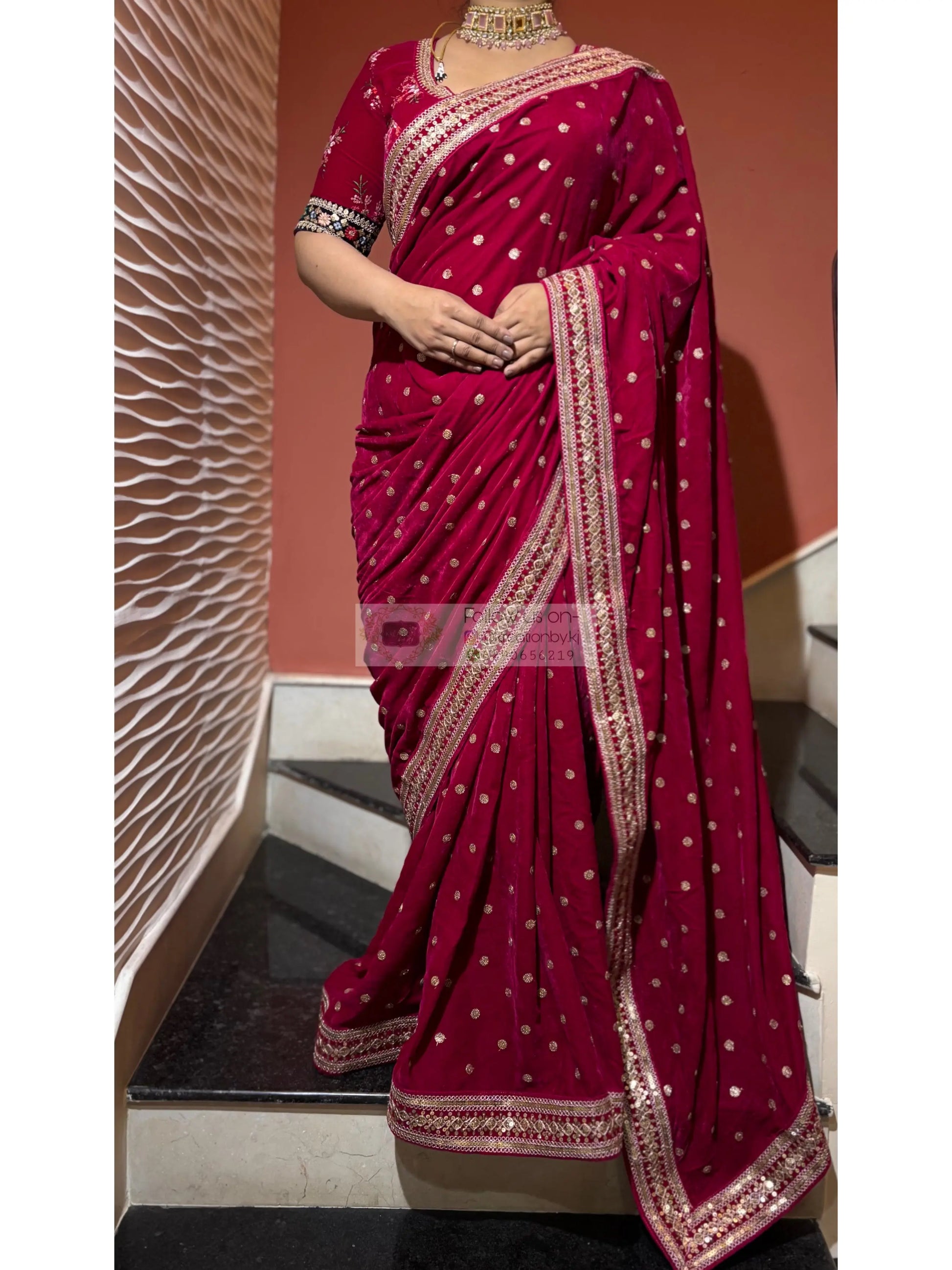 Royal Magenta Pink Velvet Saree Kreation by KJ