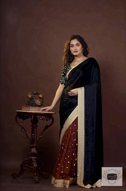 Black and Brown Cocktail Velvet Saree