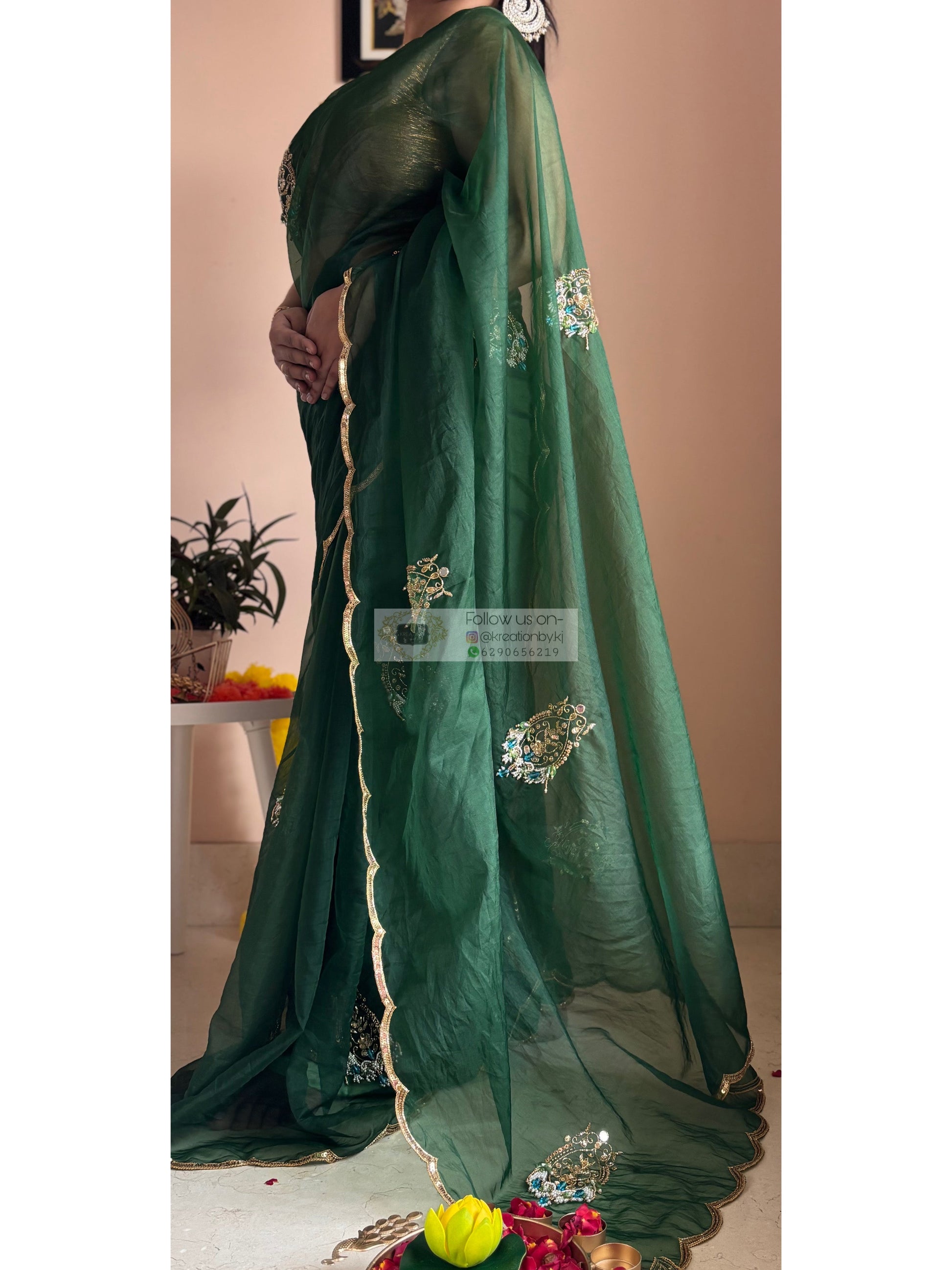 Scent of Yesterday Bottle Green Organza Saree Kreation by KJ