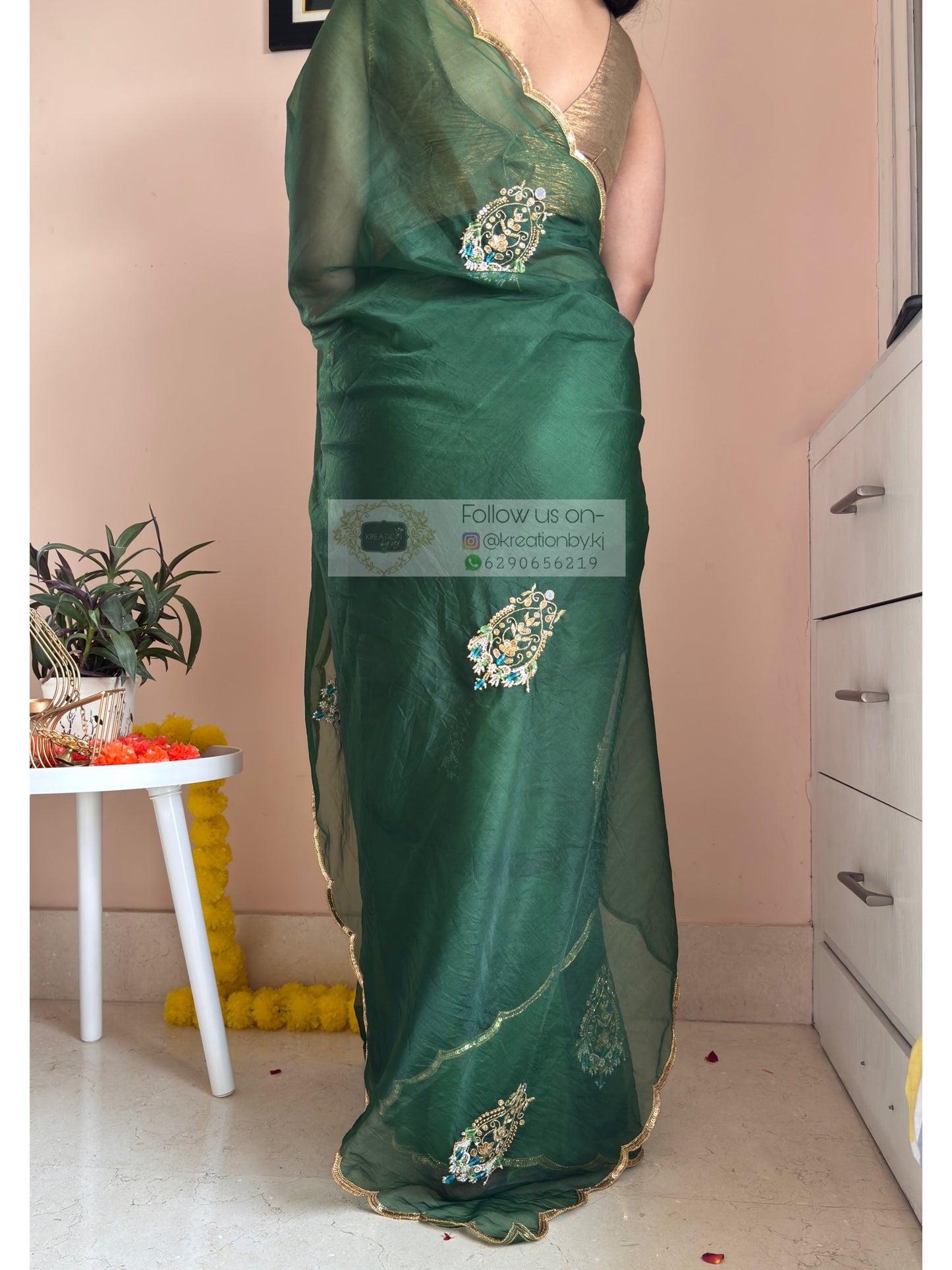 Scent of Yesterday Bottle Green Organza Saree Kreation by KJ