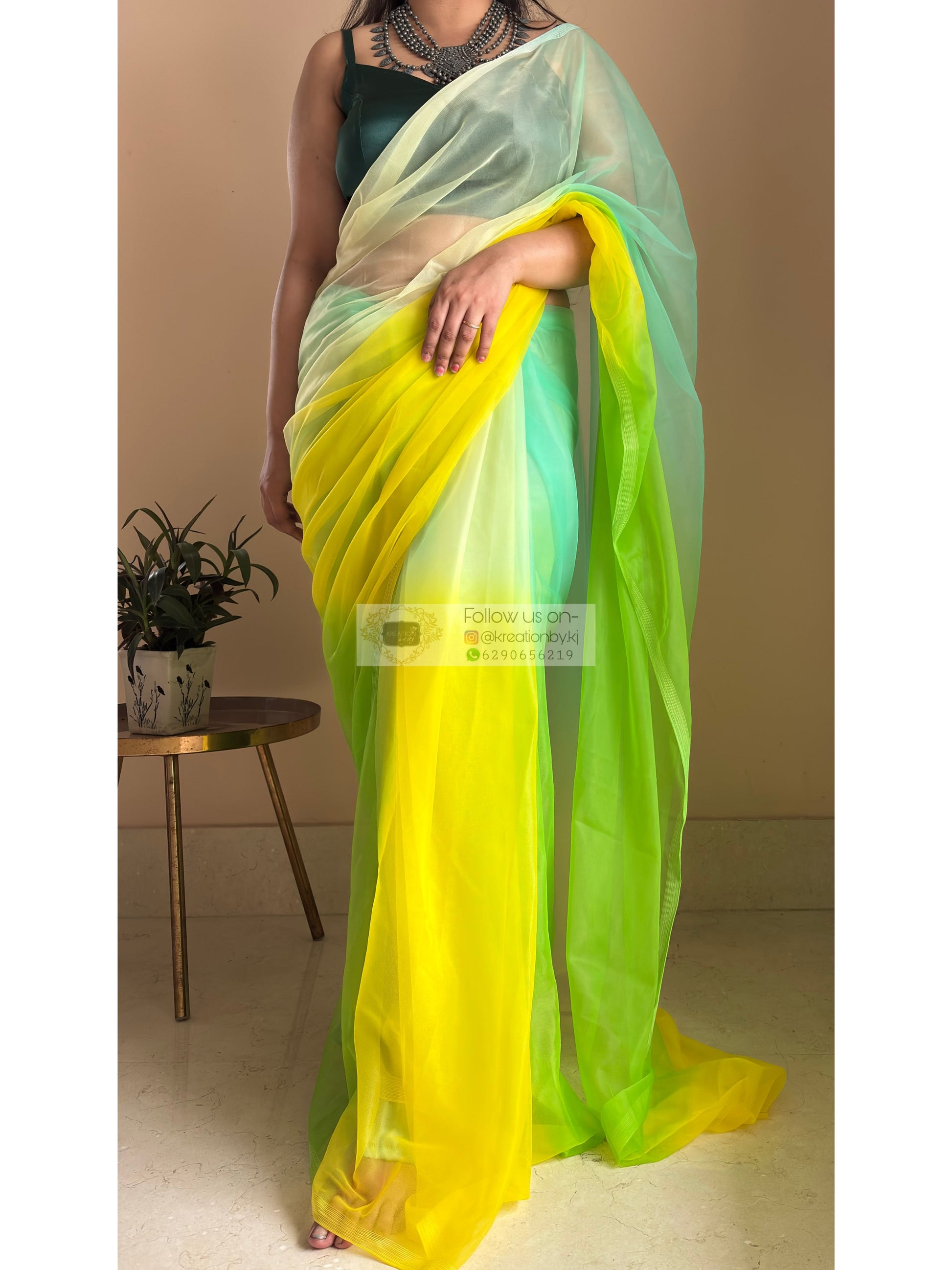 Green and yellow Net Ombre Saree kreationbykj
