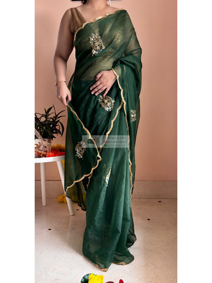 Scent of Yesterday Bottle Green Organza Saree Kreation by KJ