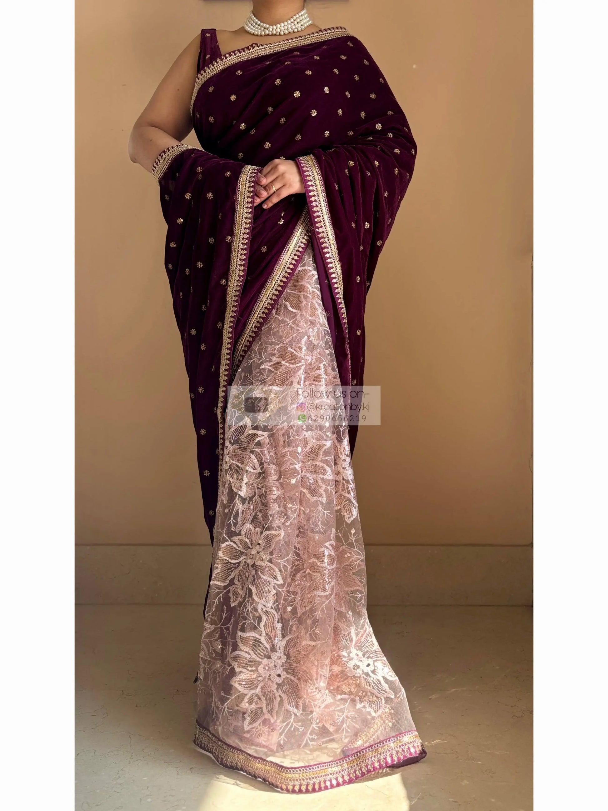 Purple Wine Velvet And Net Embellished Saree Kreation by KJ