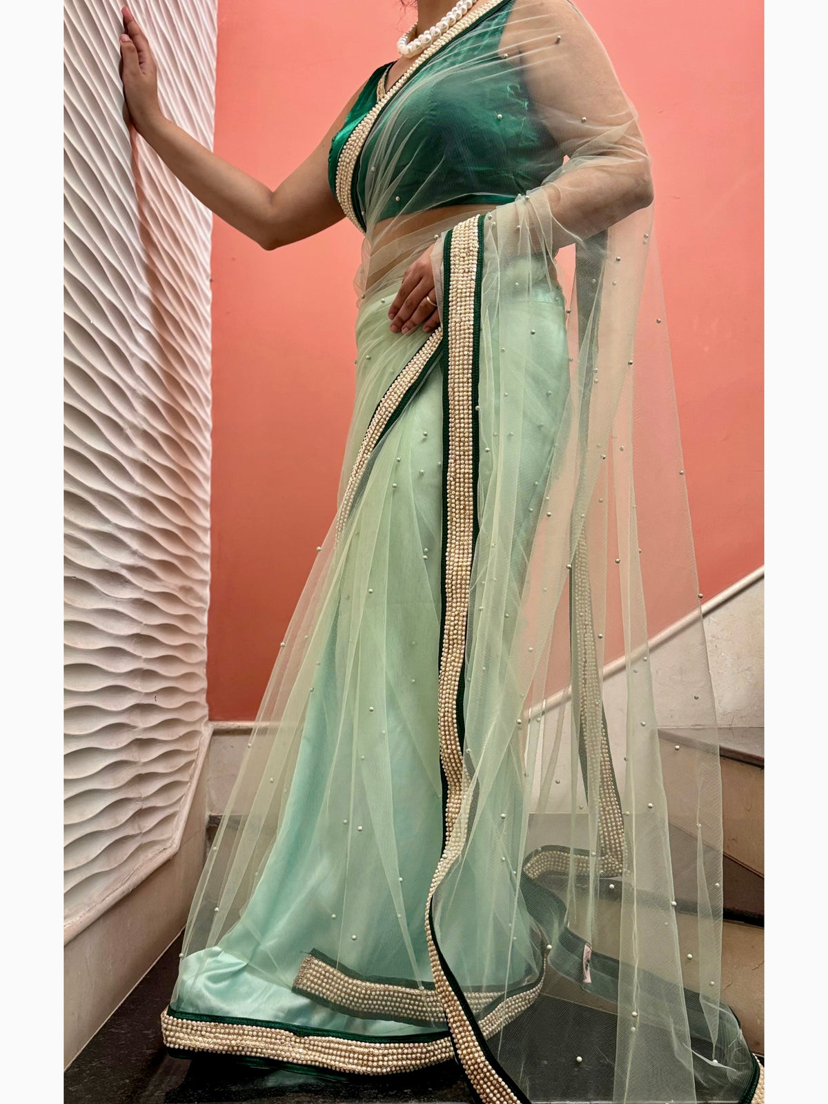 Pistachio Pearl Designer Net Saree With Pearl Border