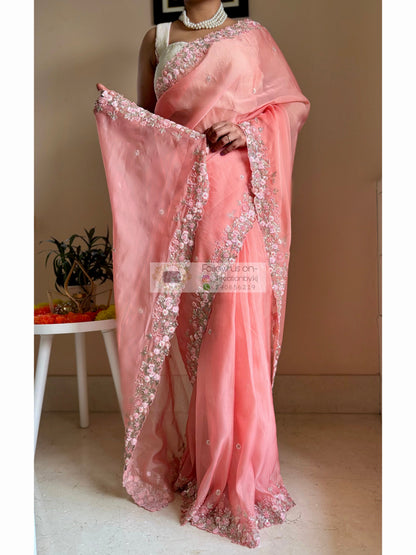 Peach Floral Haze Organza Saree Kreation by KJ