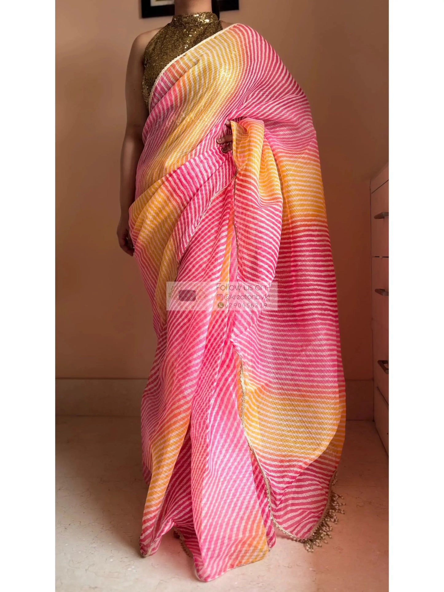 Pink Yellow Leheriya Ombre Saree Kreation by KJ