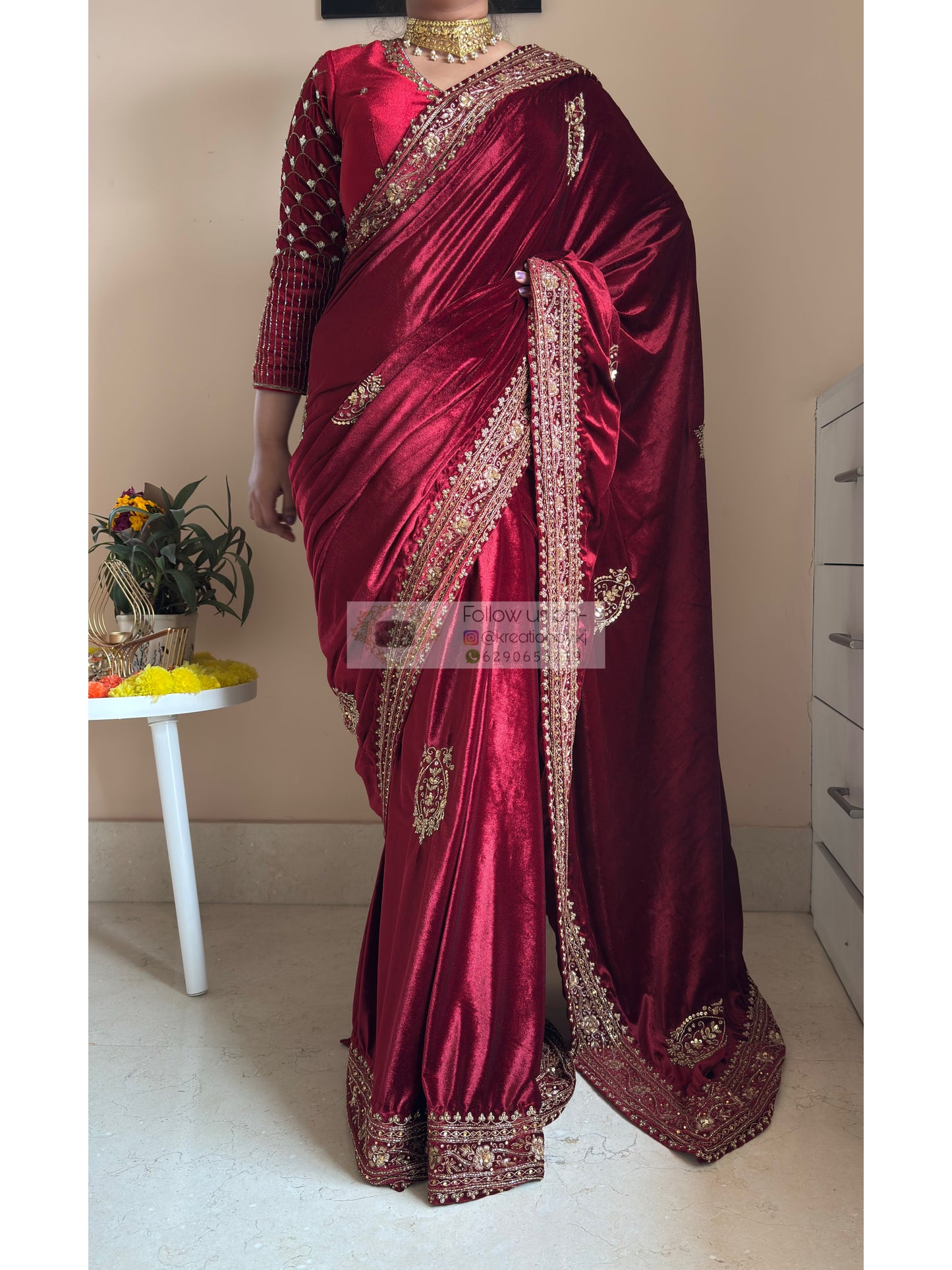 Naaz Burgundy Velvet Saree