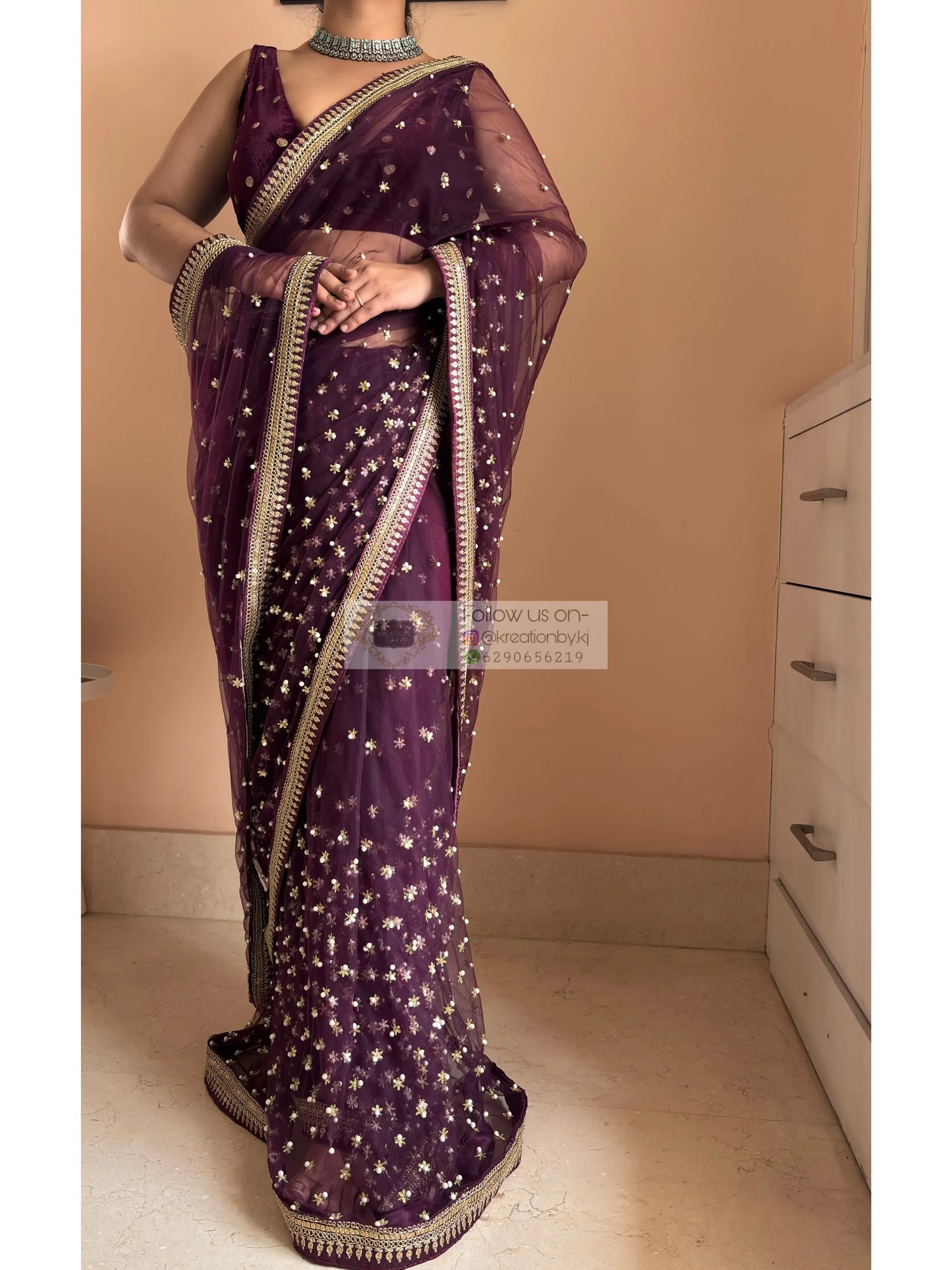 Wine Embellished Net Saree Kreation by KJ