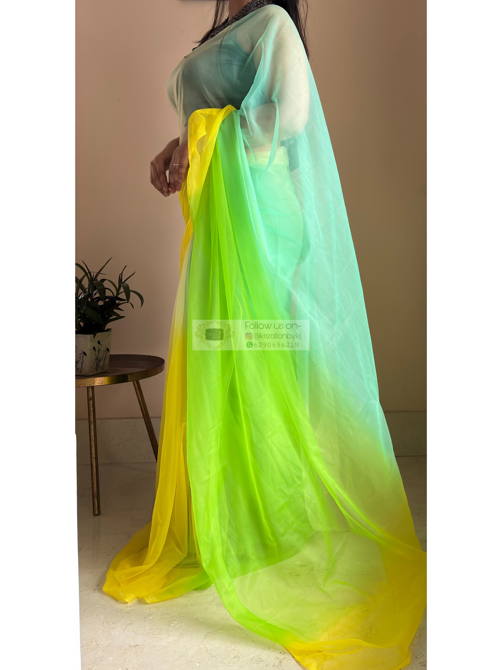 Green and yellow Net Ombre Saree kreationbykj