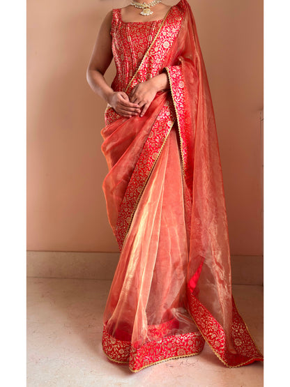 Marigold Glass Tissue Saree With Red Brocade Border