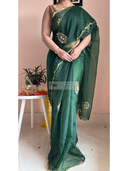 Scent of Yesterday Bottle Green Organza Saree Kreation by KJ