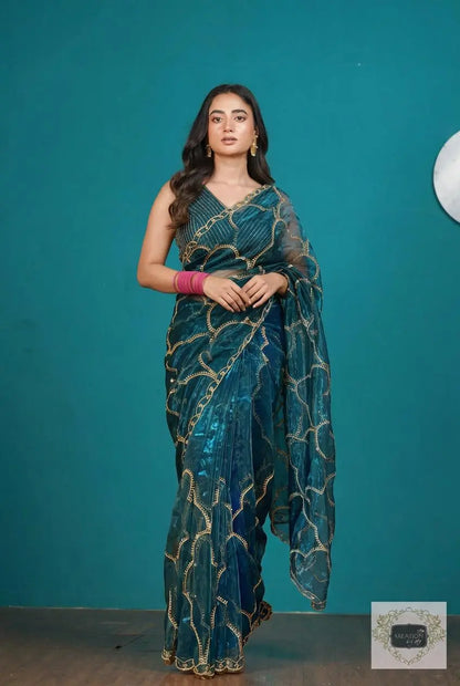 Cobalt Blue Chaudhvin ka Chand Saree for Wedding kreationbykj