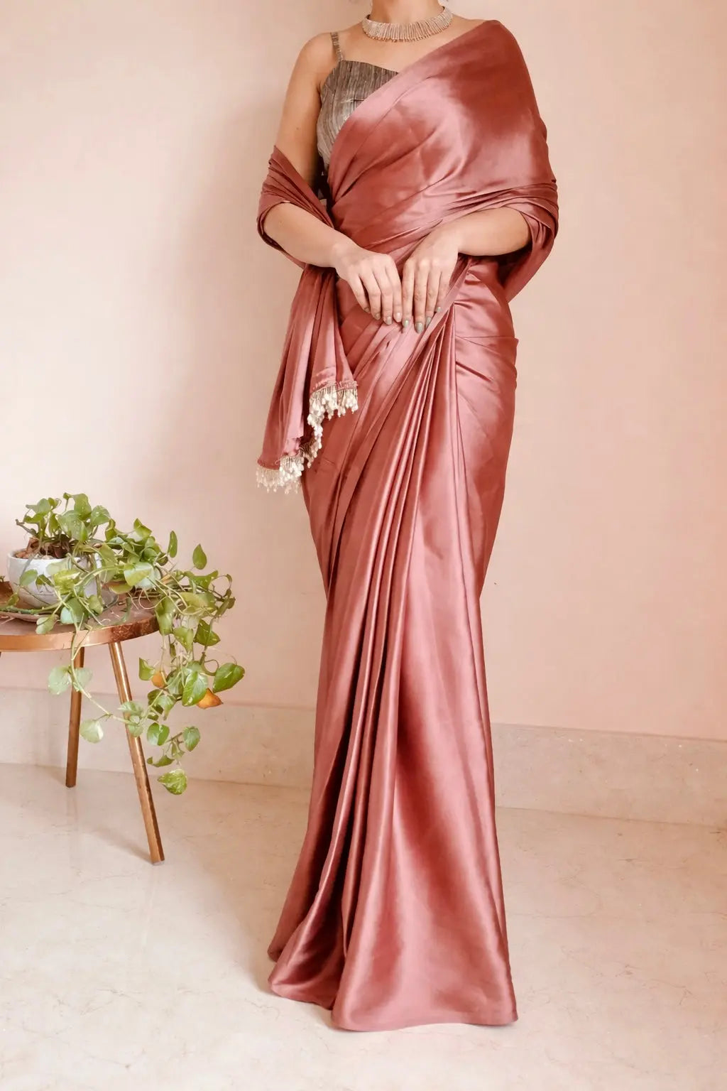 Dusty Rose Satin Silk One Minute Saree kreationbykj.in