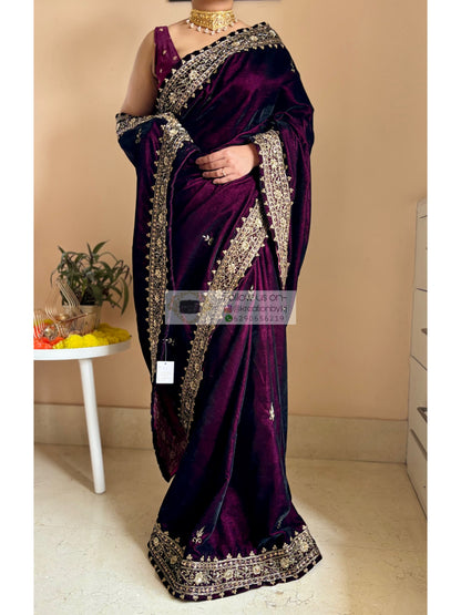 Dark Wine Velvet Zarina Saree Kreation by KJ