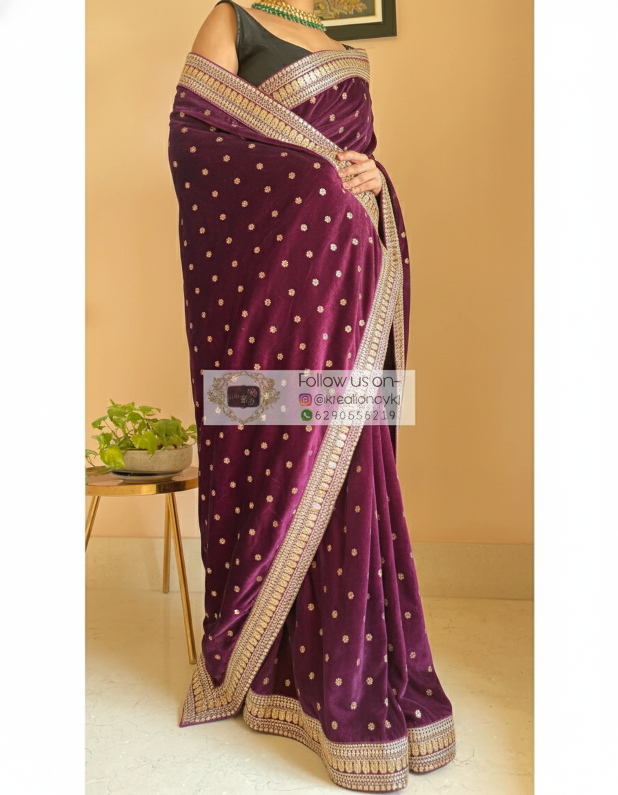 Purple Wine Velvet Saree With Border