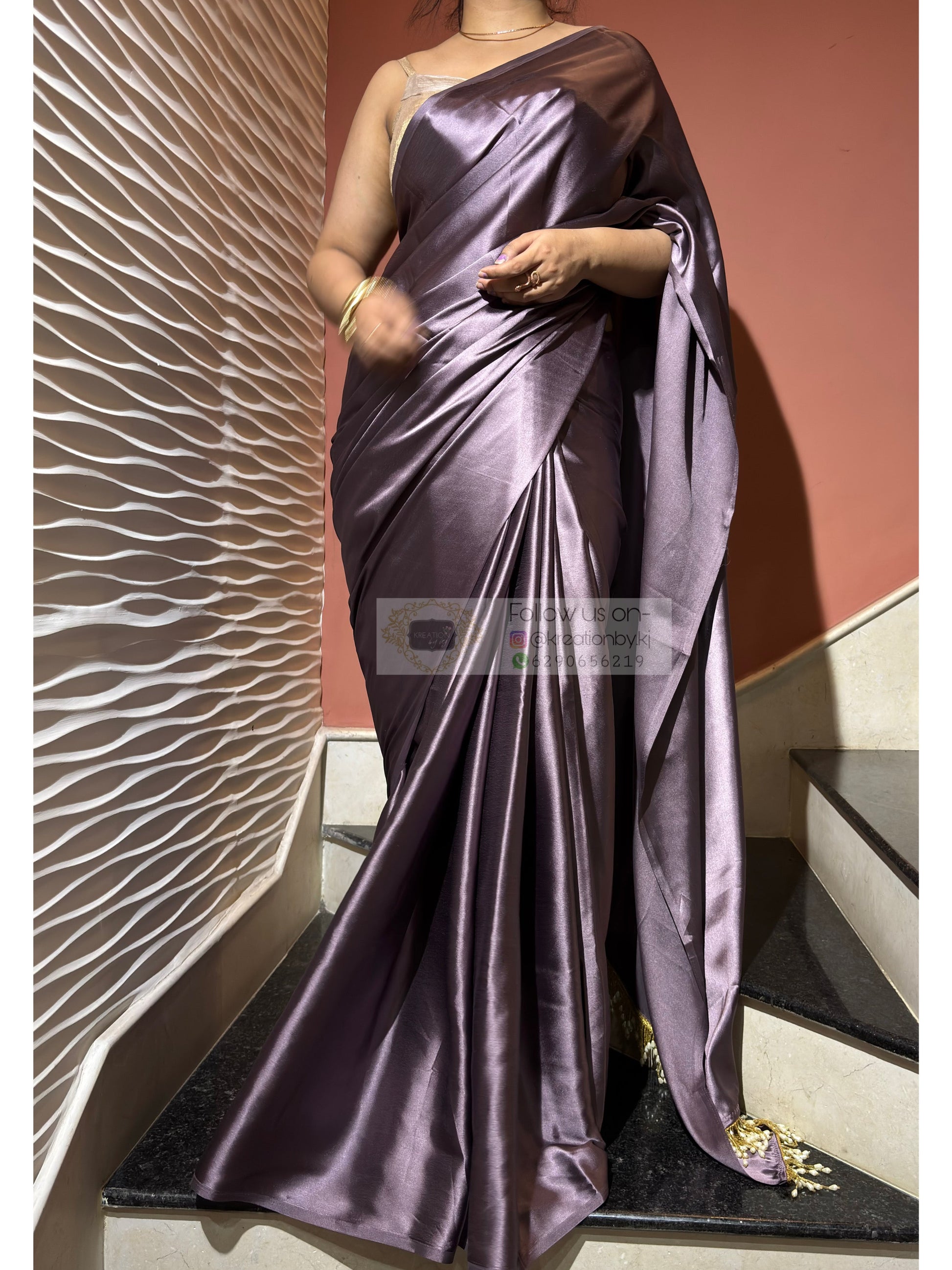 Purple Mauve Satin Silk Saree with Handmade Tassels on Pallu kreationbykj