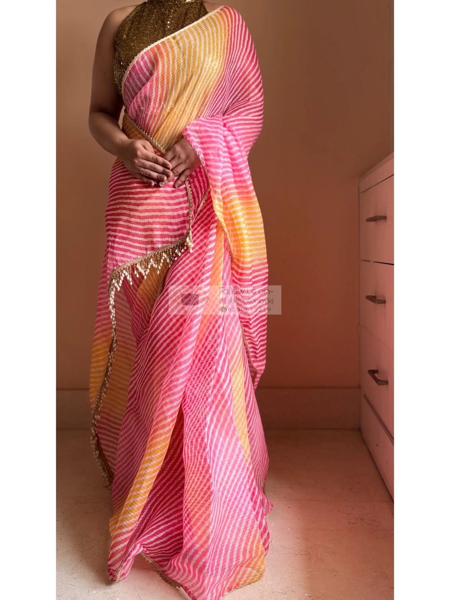 Pink Yellow Leheriya Ombre Saree