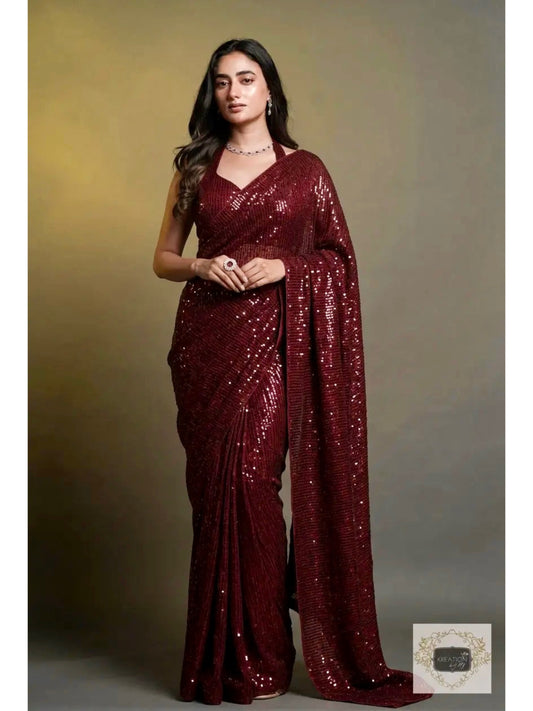 Maroon Knitted Sequin Saree