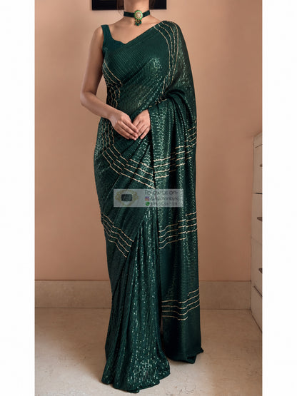 Forest Drip Green Sequin Saree
