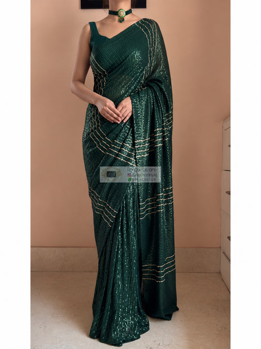 Forest Drip Green Sequin Saree