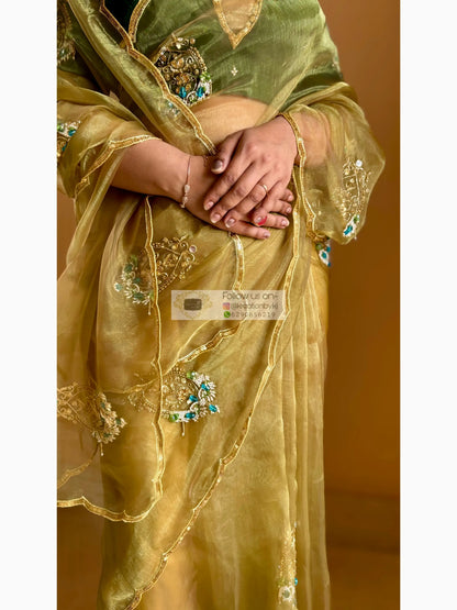 Scent of Yesterday Pista Green Glass Tissue Saree Kreation by KJ