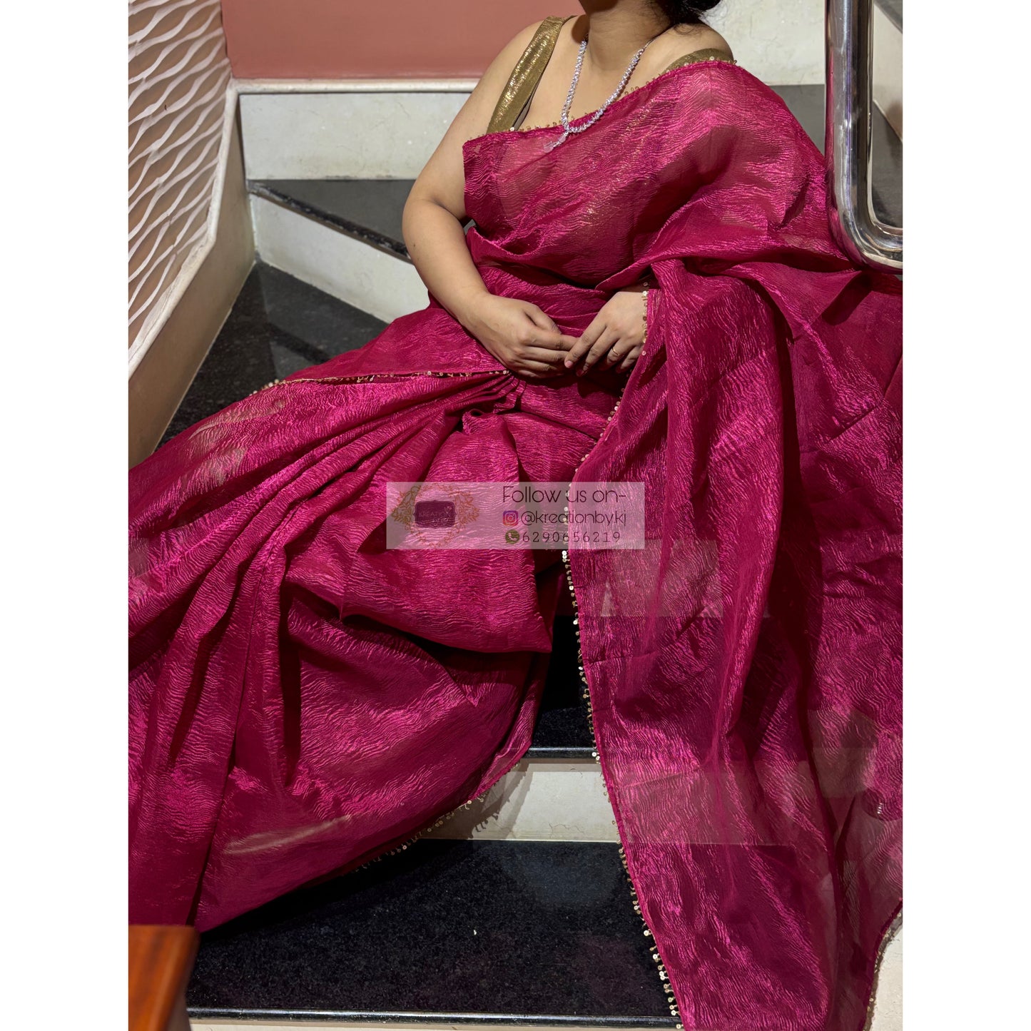 Magenta Pink Crushed Tissue Saree kreationbykj