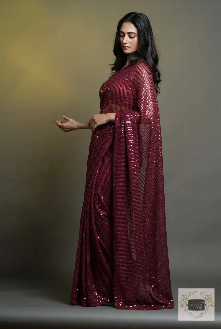 Maroon Sequins Saree kreationbykj