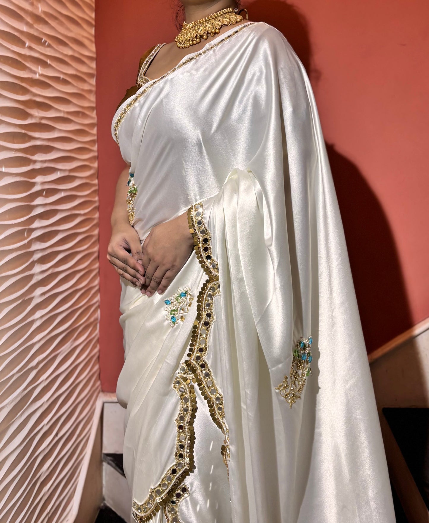 Creme Satin Silk Saree With Real Mirror Work Kreation by KJ