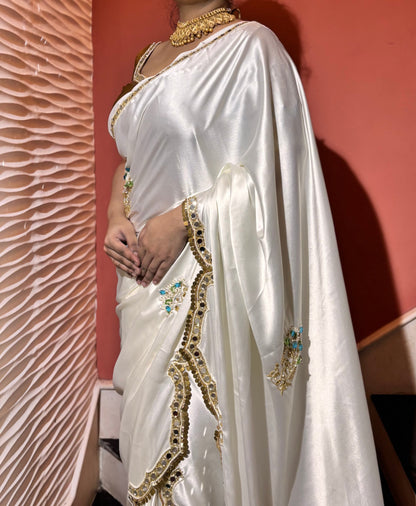 Creme Satin Silk Saree With Real Mirror Work Kreation by KJ