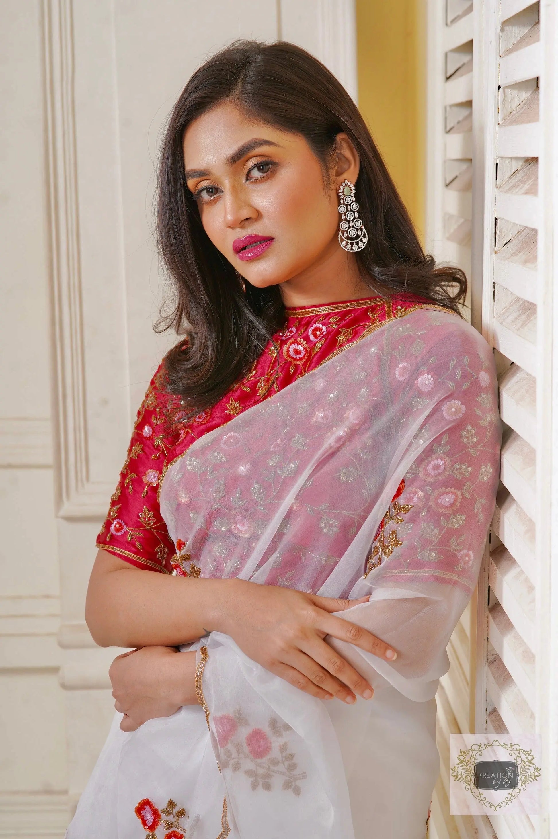 White Organza Remember The Roses Saree kreationbykj