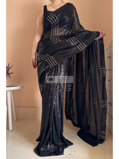 Black Magic Sequin Saree With Gota Patti Strips