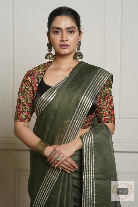 Olive Green Kota Silver Lining Saree With Gota Border kreationbykj