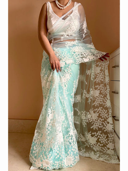 Seafoam Bloom Embellished Net Saree