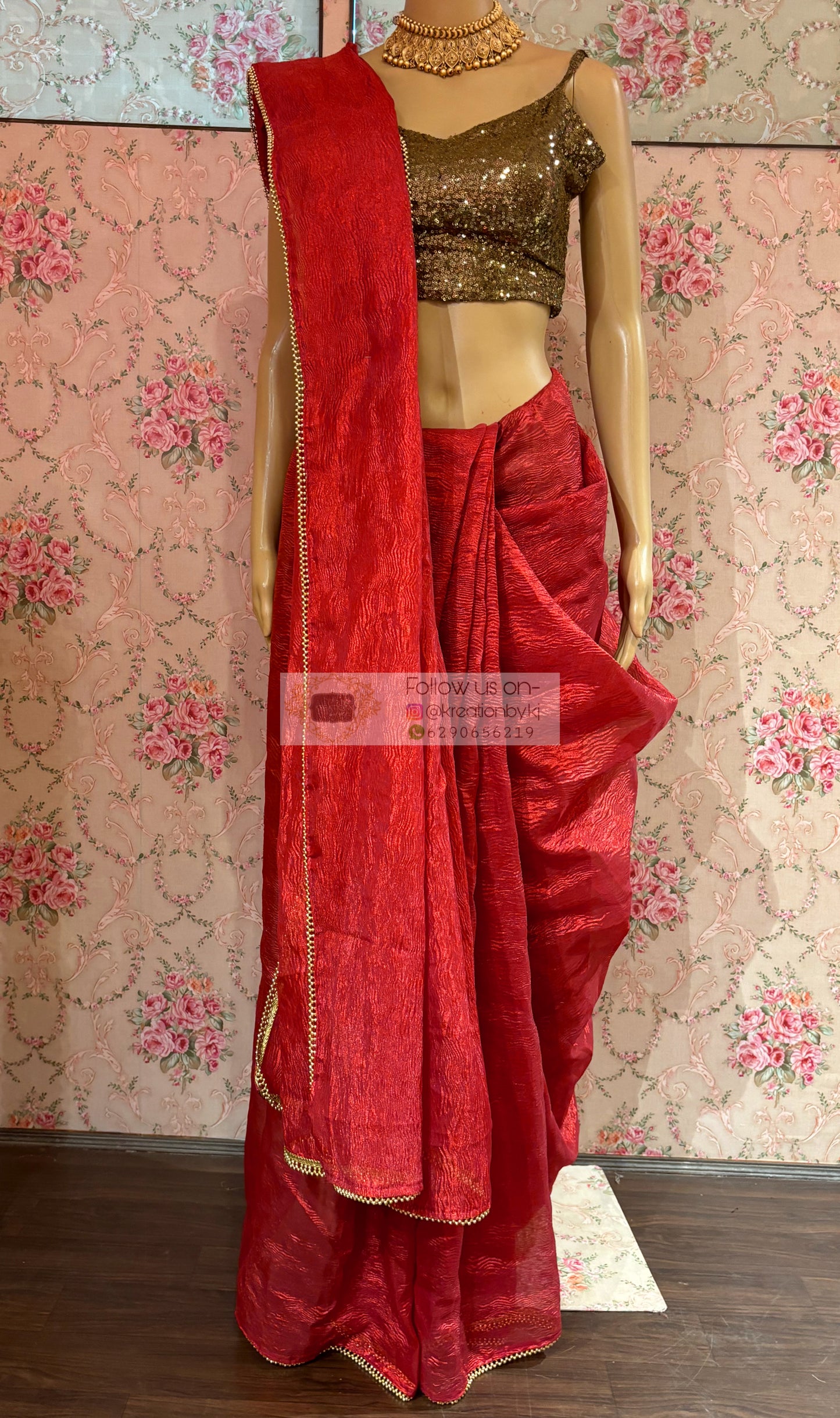 Red Crushed Tissue Saree with Golden Border