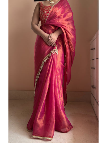 Raspberry Pink Cotton Tissue Saree With Cutdana Tassels on Pallu
