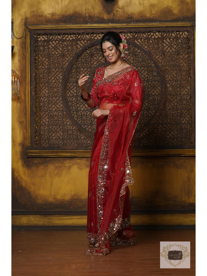 Red Glass Tissue Sheesh Mahal Saree