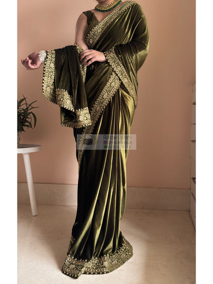 Mehendi  Green Velvet Zarina Saree for Wedding Kreation by KJ