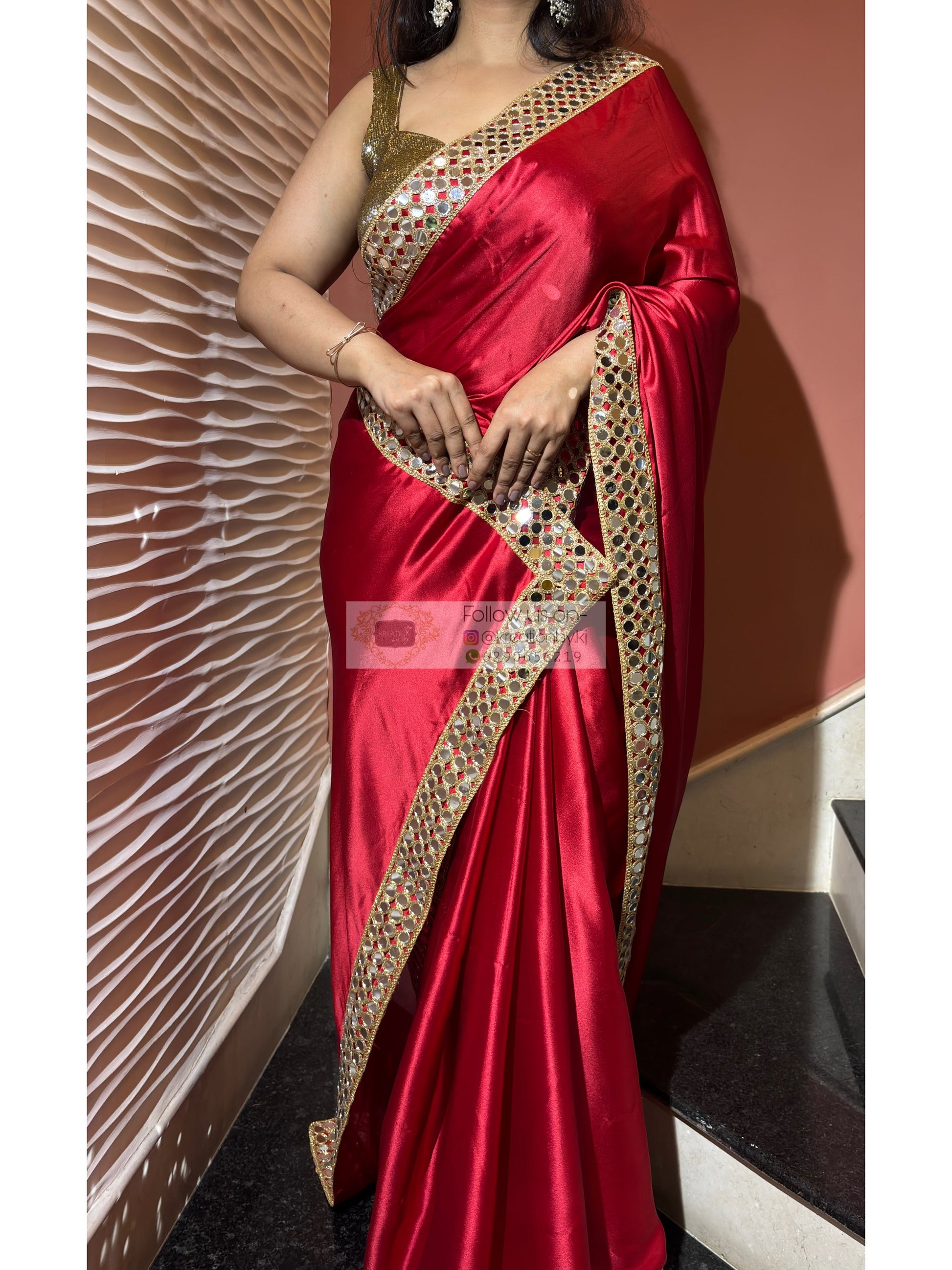 Crimson Red  Satin Silk Saree with Mirror Border kreationbykj